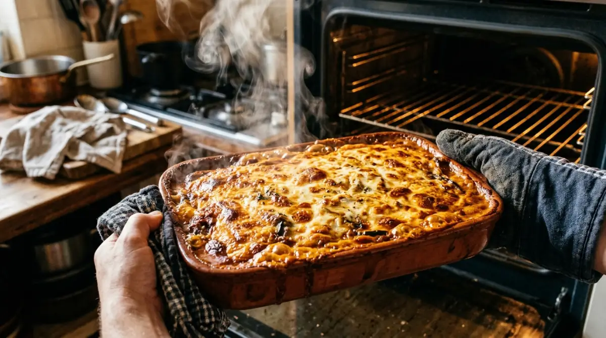 baked-moussaka-golden-brown-bubbling Golden bubbling moussaka fresh from the oven with perfectly browned béchamel crust