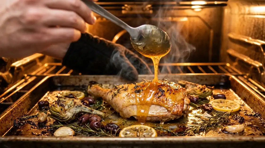 Basting sheet pan honey lemon chicken with reserved glaze at 15-minute mark