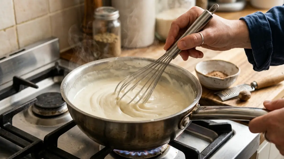 bechamel-sauce-moussaka-greek-white-sauce Whisking smooth creamy Greek béchamel sauce with nutmeg for moussaka topping