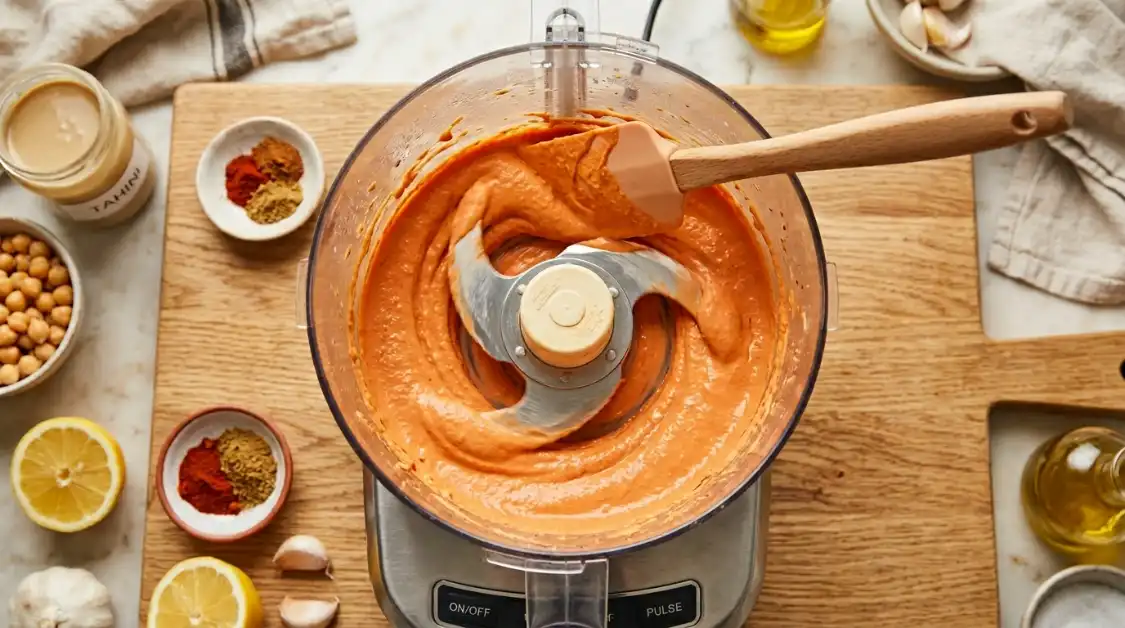 blending-roasted-red-pepper-hummus Blending roasted red pepper hummus in a food processor showing smooth coral-colored mixture