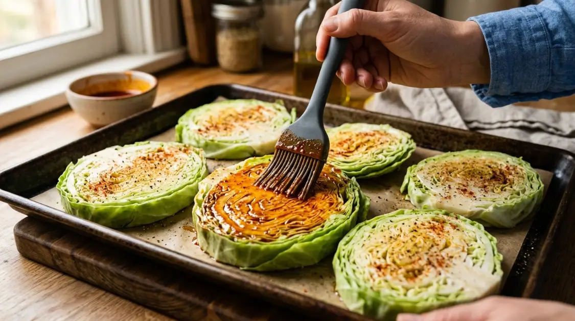 brushing-olive-oil-cabbage-steaks Brushing spiced olive oil on cabbage steaks before roasting