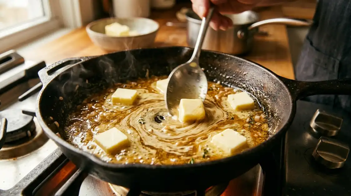Emulsifying cold butter into garlic lemon scampi sauce