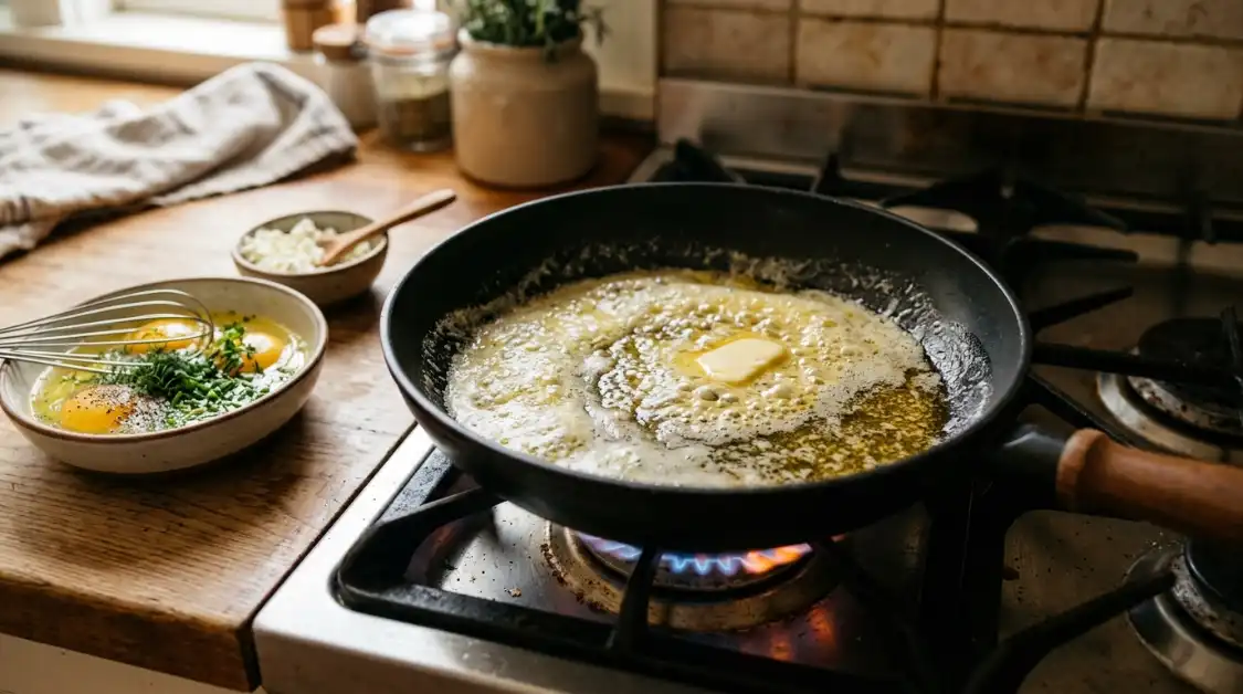butter-foaming-skillet-feta-scrambled-eggs Butter foaming in non-stick skillet ready for cooking creamy feta scrambled eggs low heat method