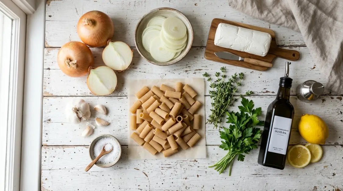 caramelized-onion-goat-cheese-pasta-ingredients-flatlay All ingredients for caramelized onion & goat cheese pasta laid out on a white wood surface : Yellow onions, goat cheese , dry rigatoni pasta, garlic , fresh thyme sprigs, whole lemon, extra-virgin olive oil, fresh parsley bunch, coarse sea salt