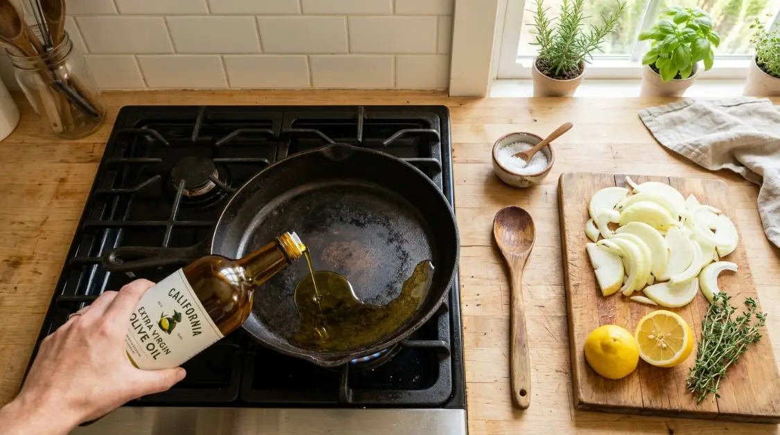 caramelized-onion-pasta-prep-station Kitchen prep station for caramelized onion pasta with sliced onions, skillet, olive oil and fresh herbs
