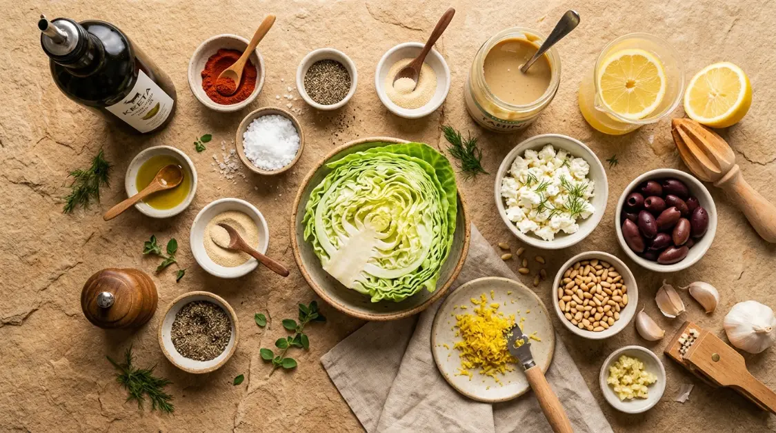 charred-cabbage-steaks-ingredients-flat-lay Ingredients for charred cabbage steaks with Mediterranean toppings in a flat lay : green cabbage, extra virgin olive oil, smoked paprika, flaky sea salt, black pepper, garlic powder, tahini, Juice of 1/2 large lemon, garlic cloves, crumbled feta cheese, Kalamata olives, pine nuts, Zest of 1 lemon