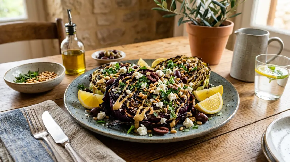 charred-cabbage-steaks-mediterranean-toppings-plated Plated charred cabbage steaks with Mediterranean toppings of feta tahini and herbs