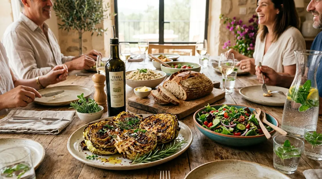 charred-cabbage-steaks-table-setting-sides Charred cabbage steaks served at a Mediterranean table with sides