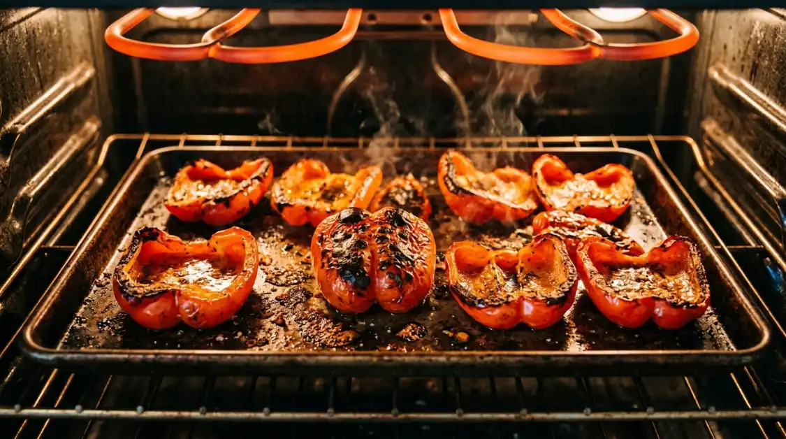 charred-red-bell-peppers-broiler Red bell peppers charred under the broiler for roasted red pepper hummus