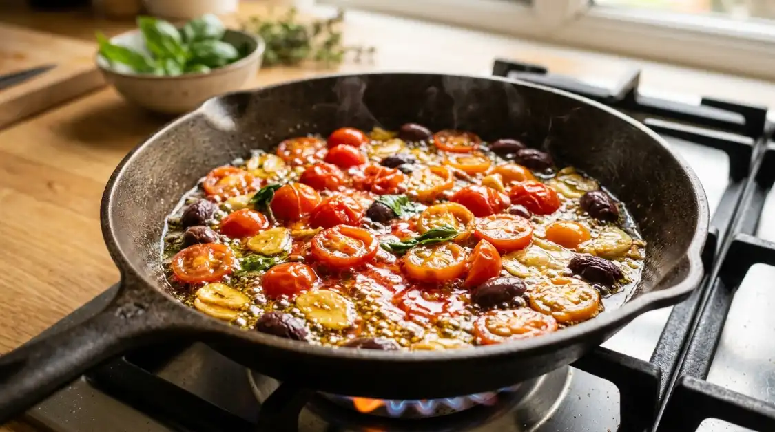 cherry-tomatoes-garlic-oil-aglio-e-olio-mediterranean Cherry tomatoes softening in garlic oil for aglio e olio Mediterranean
