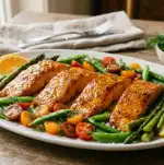Citrus-Glazed Salmon with Spring Veggies – 1 Pan, Pure Magic 2 Citrus-glazed salmon fillets on a white platter with roasted asparagus and snap peas