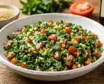 Classic Tabbouleh (No Cooking, Serves 6) 1 Classic tabbouleh close-up in white bowl with lemon drizzle and mint leaves
