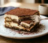 Classic Tiramisu (No-Bake, Chill Overnight) 1 Classic tiramisu slice 45 degree showing mascarpone layers espresso savoiardi and cocoa on white plate