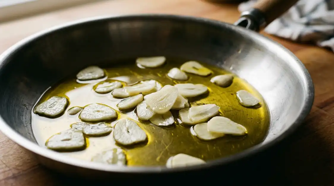 cold-pan-garlic-olive-oil-aglio-e-olio Cold pan start garlic slices in olive oil aglio e olio Mediterranean technique