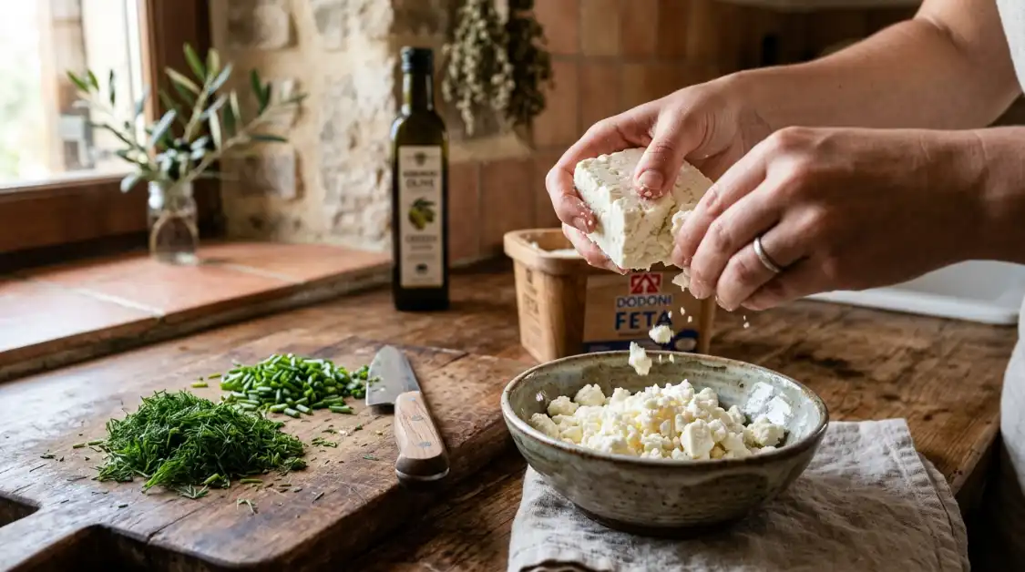 crumbling-feta-cheese-herb-scrambled-eggs Crumbling Greek feta cheese into pea-sized pieces for herb scrambled eggs Mediterranean style