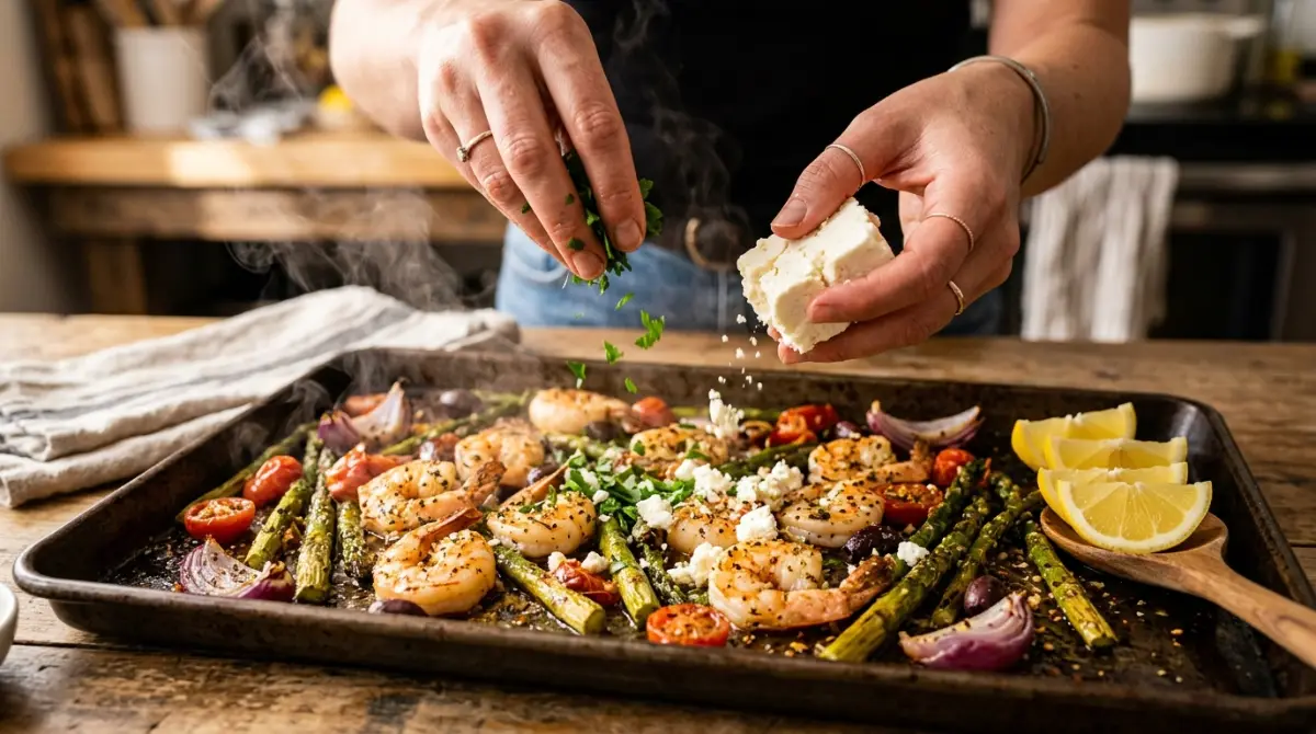 crumbling-feta-sheet-pan-shrimp-asparagus Crumbling feta cheese over freshly roasted sheet pan Mediterranean shrimp