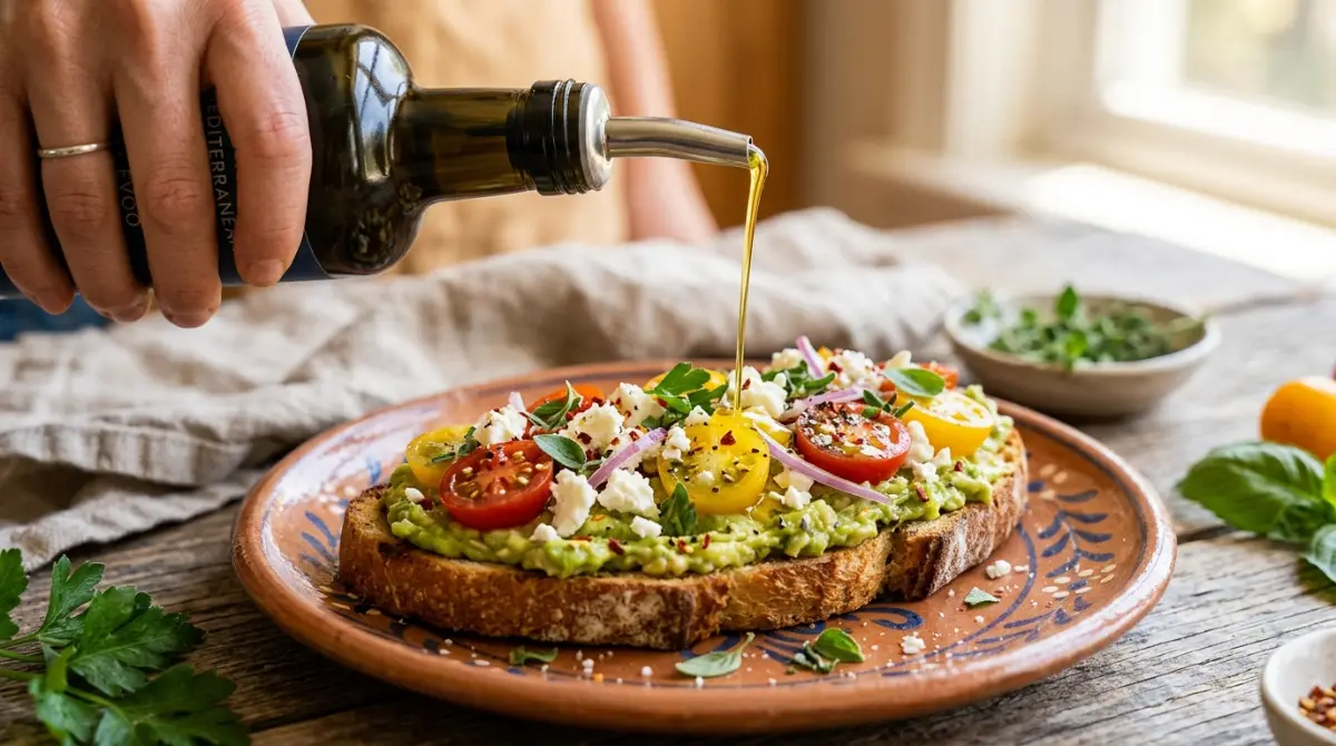 drizzling-olive-oil-avocado-toast-mediterranean Drizzling extra virgin olive oil over finished avocado toast Mediterranean style for authentic Greek flavor