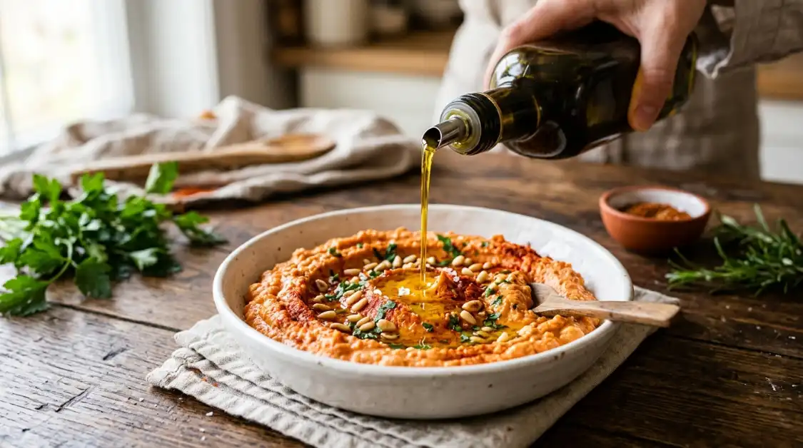 drizzling-olive-oil-hummus Drizzling extra virgin olive oil over roasted red pepper hummus with smoked paprika