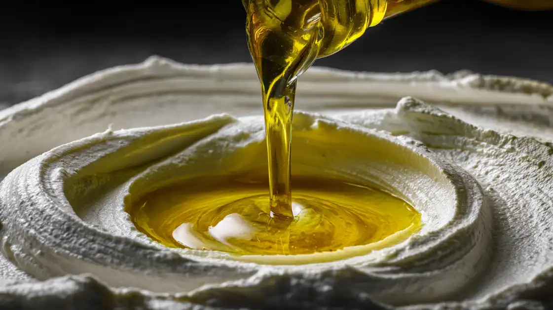 drizzling-olive-oil-labneh Drizzling extra virgin olive oil over labneh with za’atar & olive oil creating a golden pool