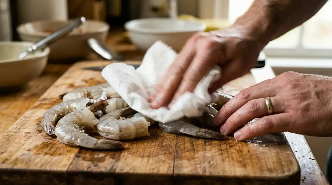Patting shrimp dry before cooking shrimp scampi with lemon