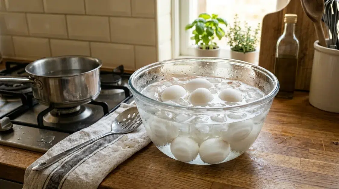eggs-ice-bath-cooling-deviled-eggs Hard boiled eggs in ice water bath to stop cooking for deviled eggs recipe
