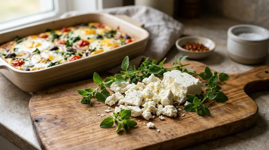 Crumbled feta cheese and fresh herbs for Mediterranean egg & vegetable bake
