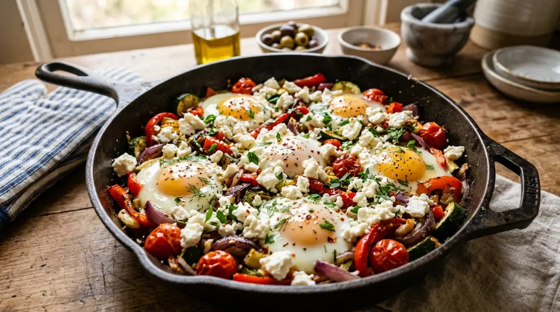 Feta crumbled over eggs and vegetables in Mediterranean egg & vegetable bake before baking