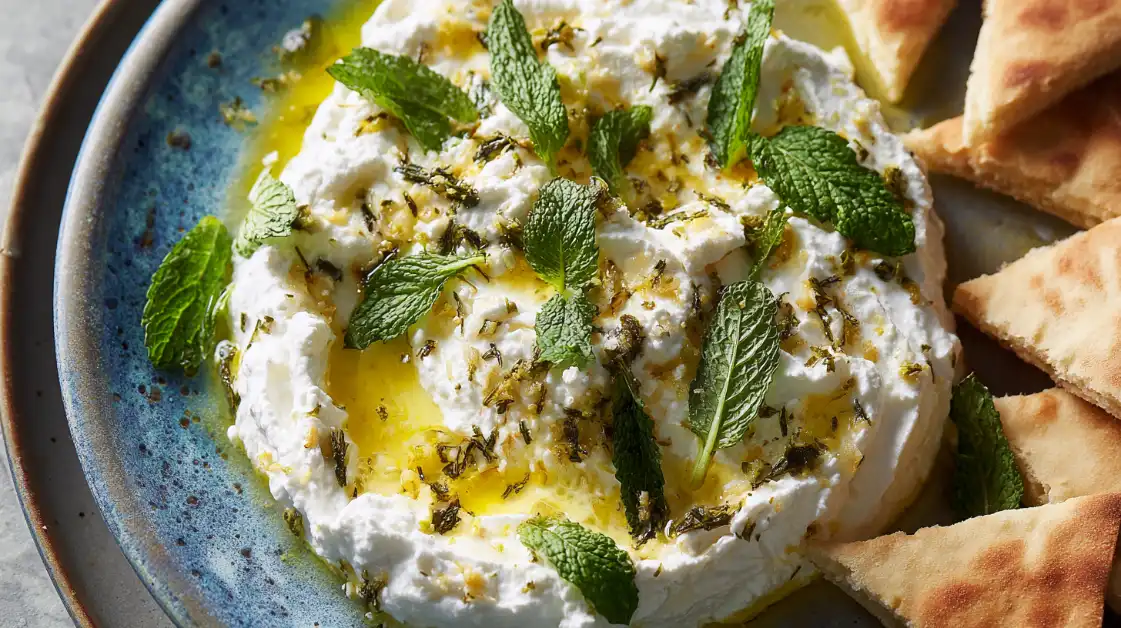 finished-labneh-zaatar-herbs-garnish Finished labneh with za’atar & olive oil garnished with fresh mint and flaky salt