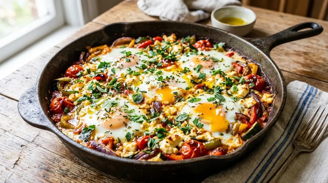 Finished Mediterranean egg & vegetable bake with golden feta, herbs, and runny yolks