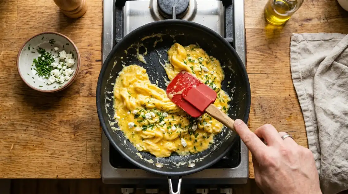 folding-soft-curds-herb-feta-scrambled-eggs Gently folding herb and feta scrambled eggs with spatula showing large creamy soft curds technique