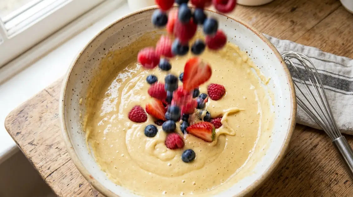 Folding spring berries into almond flour cake batter 