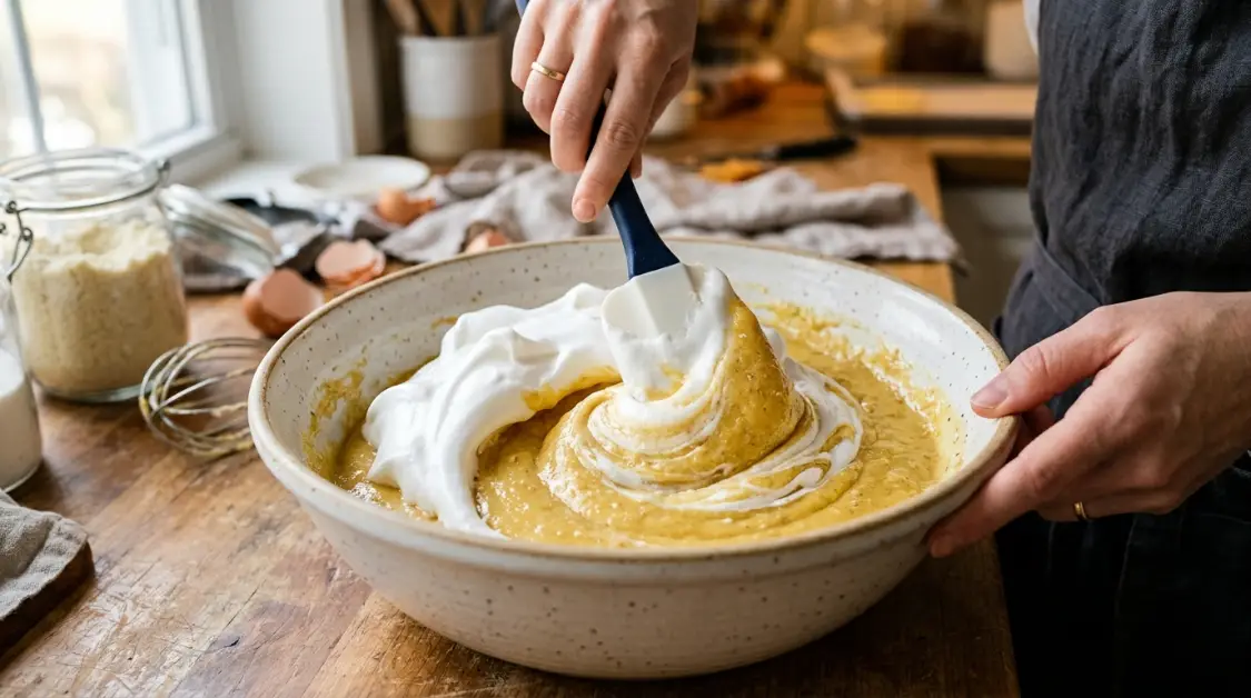 Folding egg whites into almond flour cake batter 