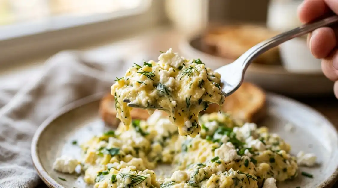 forkful-fluffy-herb-feta-scrambled-eggs-texture Forkful of fluffy herb and feta scrambled eggs showing creamy texture and fresh dill close up