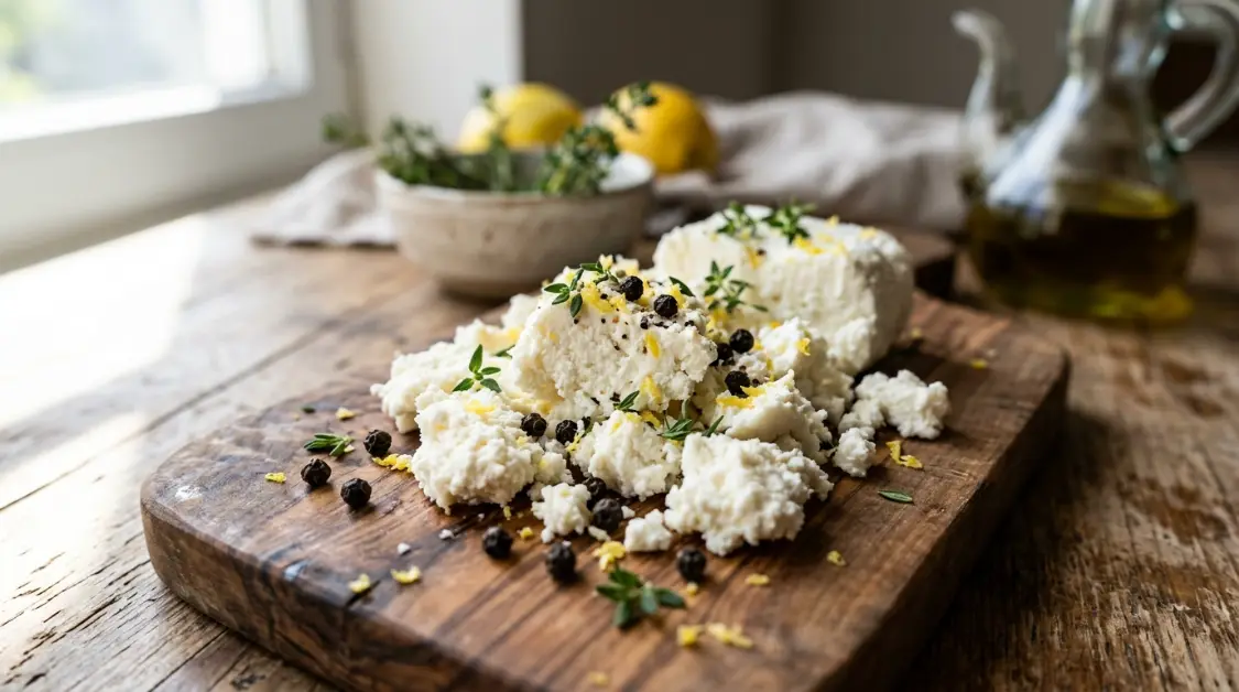 fresh-goat-cheese-for-pasta-close-up Fresh goat cheese crumbled on wooden board with thyme and lemon zest for goat cheese pasta sauce