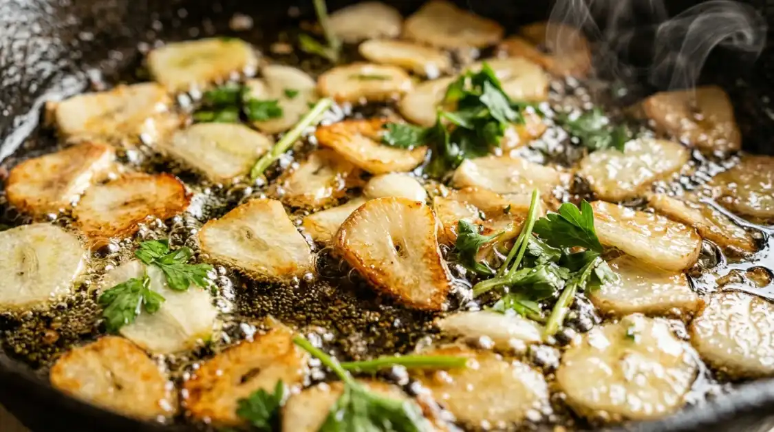 garlic-blooming-olive-oil-aglio-e-olio-mediterranean Golden garlic blooming in olive oil for aglio e olio Mediterranean sauce