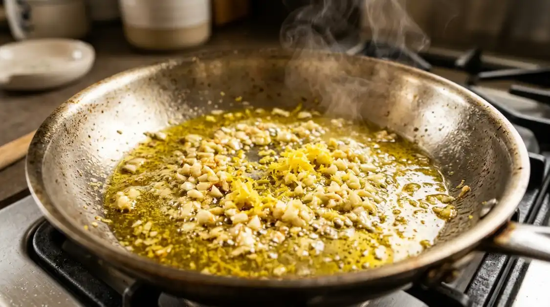 Garlic and lemon zest sautéing for shrimp scampi sauce