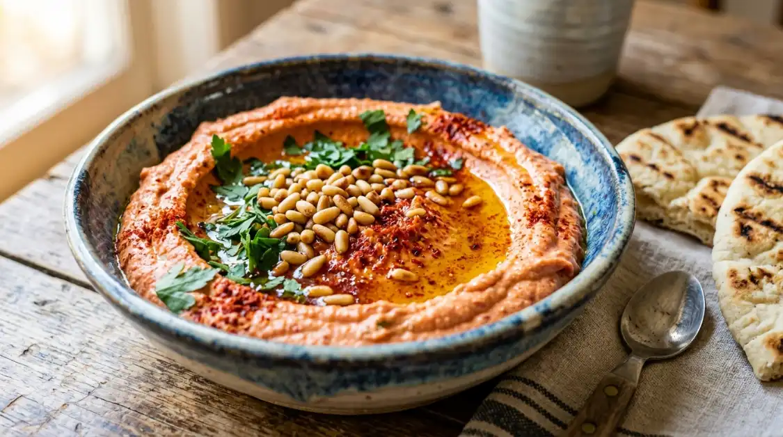 garnished-roasted-red-pepper-hummus Finished roasted red pepper hummus garnished with pine nuts, parsley, and paprika