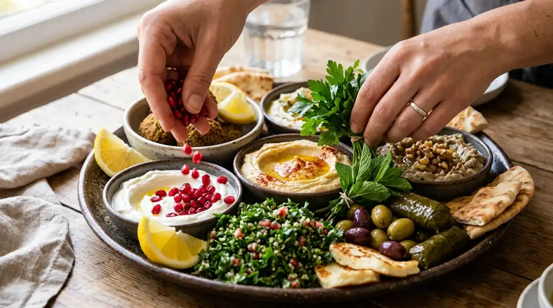 Adding fresh herb garnishes, pomegranate seeds, and lemon wedges to Mediterranean mezze platter