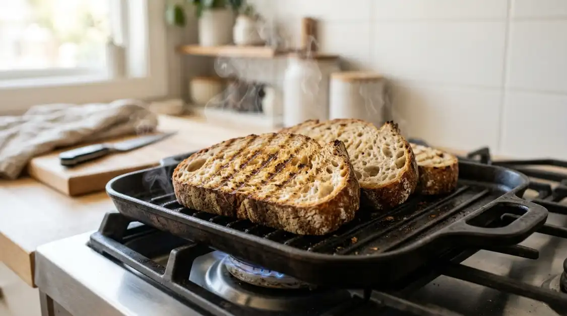 golden-sourdough-toast-grill-pan-smoked-salmon Thick sourdough bread slices toasting golden brown on a grill pan for smoked salmon Mediterranean toast