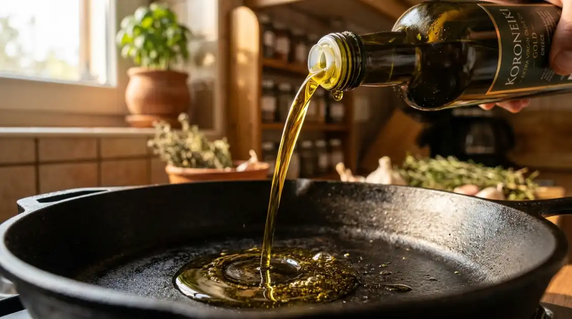 greek-evoo-pour-aglio-e-olio-mediterranean Pouring Greek extra-virgin olive oil for aglio e olio Mediterranean