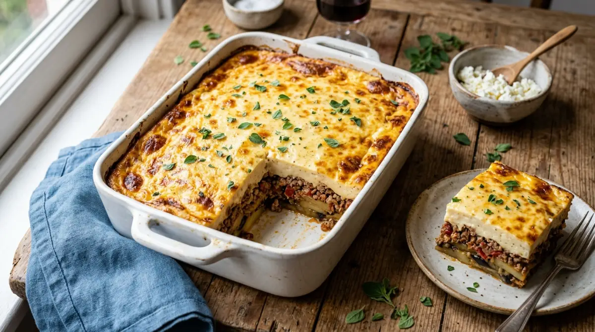 Moussaka: Greek Eggplant Casserole (Serves 10) 1 Golden brown moussaka with perfectly visible layers of roasted eggplant, spiced meat sauce, and creamy béchamel sauce in white baking dish