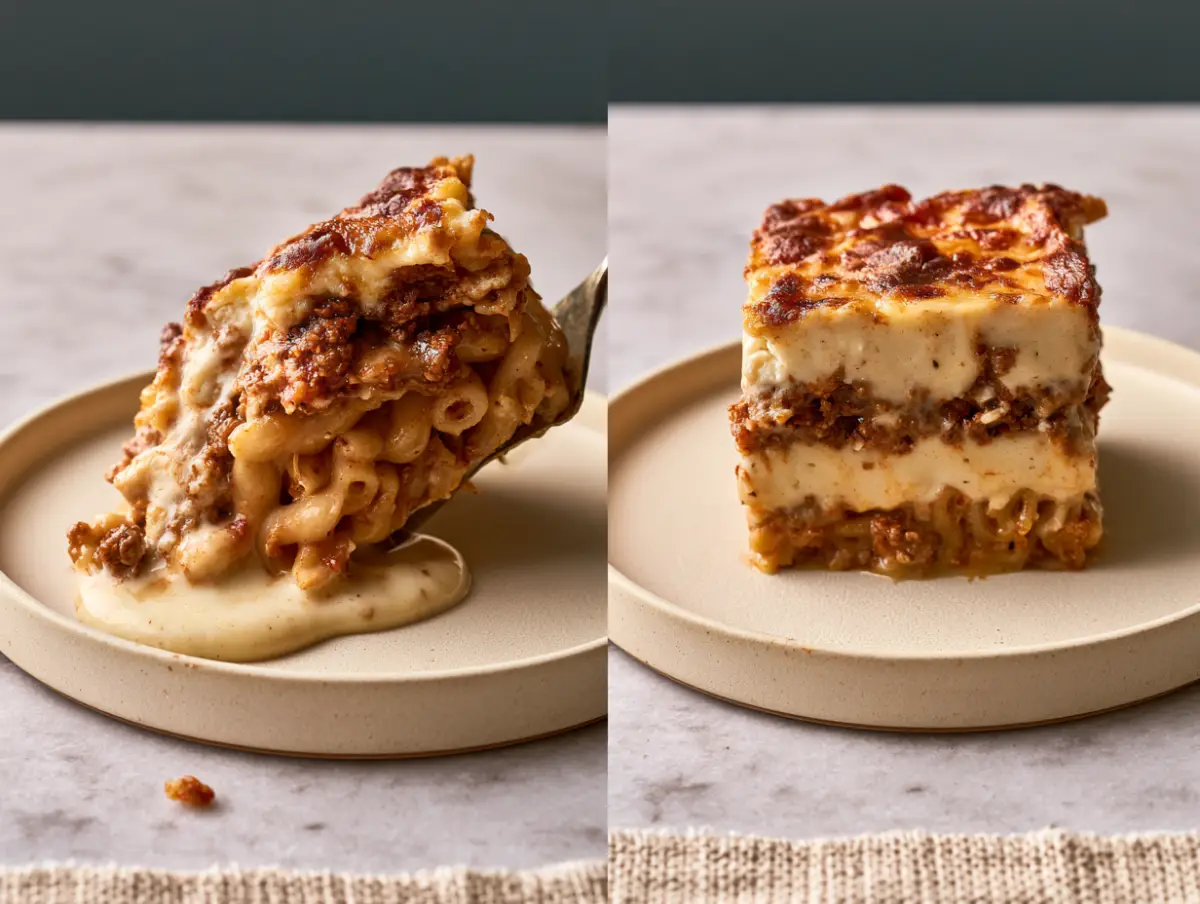 greek-pastitsio-slice-comparison Comparison of a collapsed pastitsio slice beside a clean square slice with three intact layers