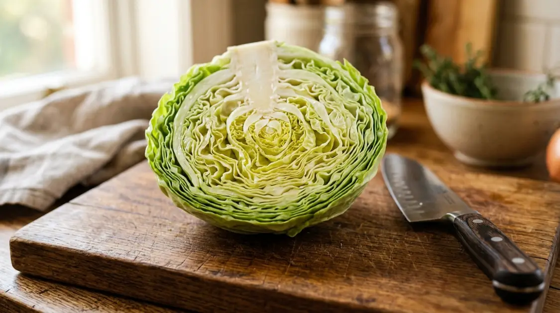 green-cabbage-close-up-mediterranean-soup Fresh green cabbage cut in half for Mediterranean cabbage soup recipe