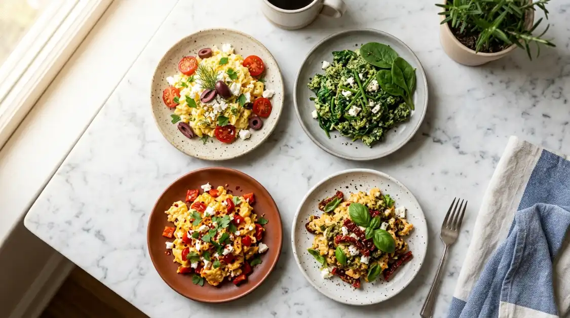 herb-feta-scrambled-eggs-creative-variations Four creative variations of herb and feta scrambled eggs including Greek garden spinach and spicy Mediterranean