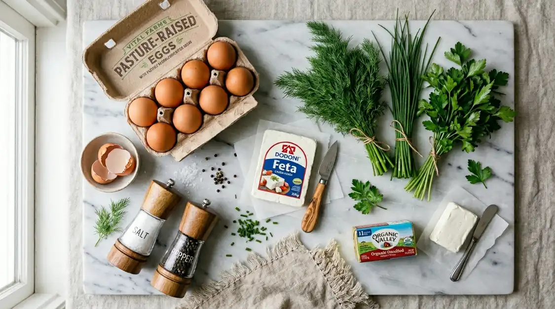 herb-feta-scrambled-eggs-ingredients-flat-lay Ingredients for Mediterranean Herb & Feta Scrambled Eggsincluding large eggs, Greek feta cheese, cream cheese, unsalted butter, fresh dill, fresh chives, fresh flat-leaf parsley, fine sea salt, fresh herbs eggs and Greek feta cheese block