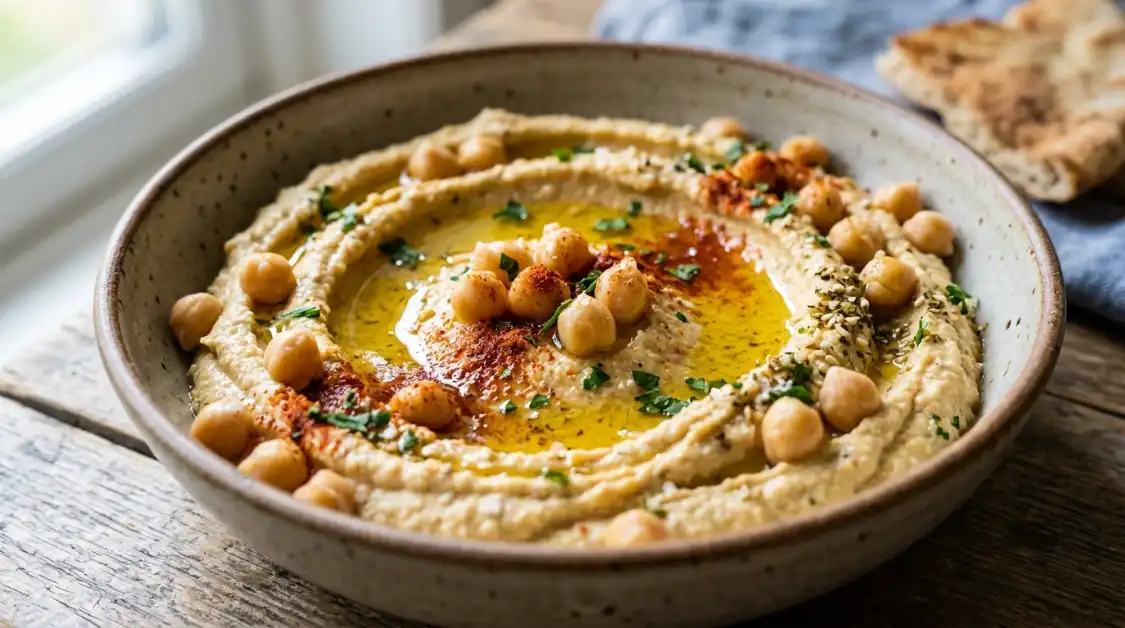 Close-up of creamy homemade hummus swirled with olive oil, paprika, and chickpeas for Mediterranean mezze platter