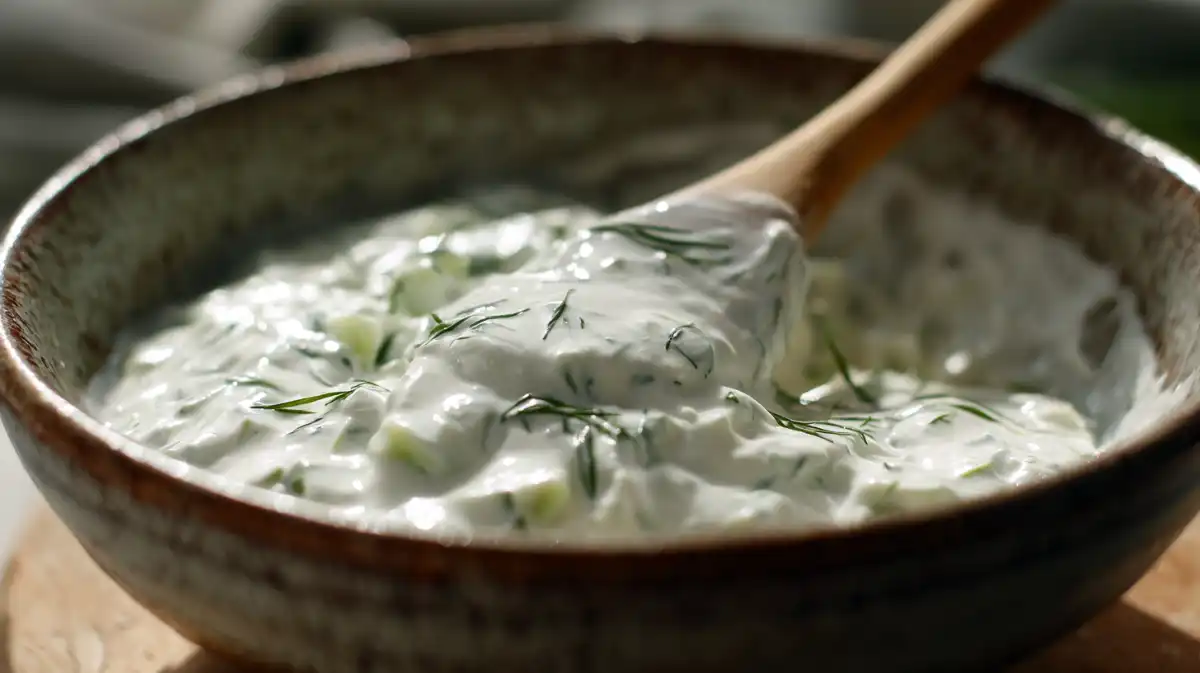 homemade-tzatziki-sauce-mixing Homemade Greek yogurt tzatziki with dill and cucumber for potato bowl