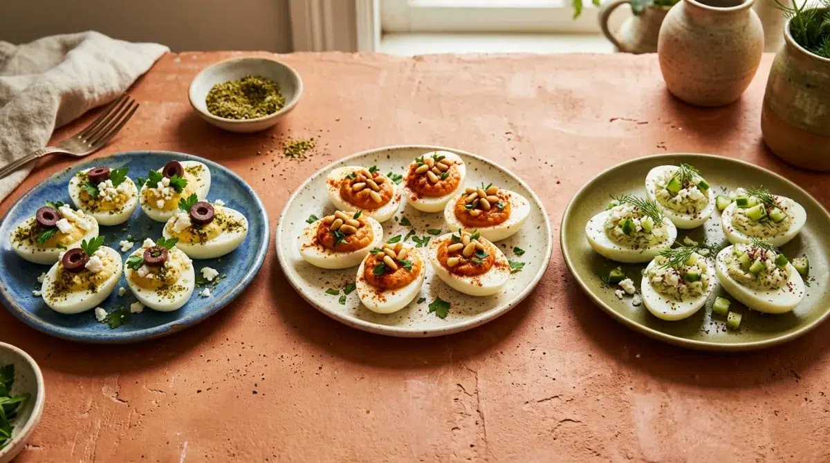 hummus-deviled-eggs-three-flavor-variations Three Mediterranean hummus deviled egg variations za’atar roasted pepper Greek