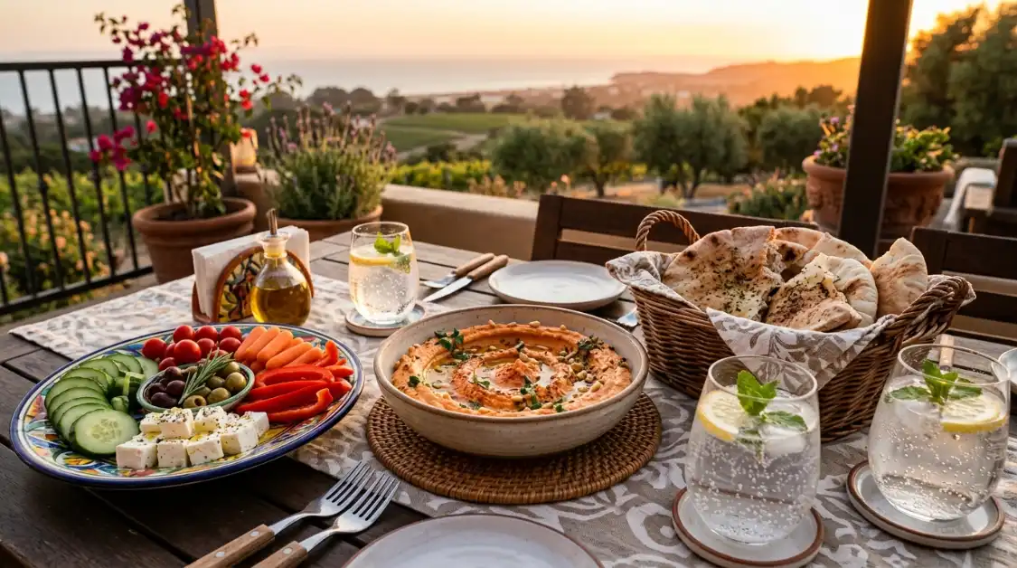 hummus-mezze-table-setting Mediterranean mezze spread with roasted red pepper hummus, pita, vegetables, and olives