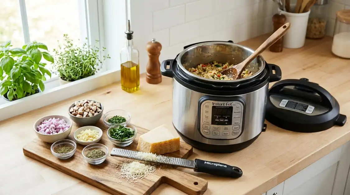 instant-pot-risotto-equipment-prep Instant Pot and prep station for Mediterranean risotto recipe